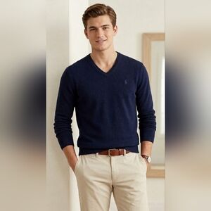 Polo Ralph Lauren Navy Blue V-Neck Pima Cotton Sweater | size XL